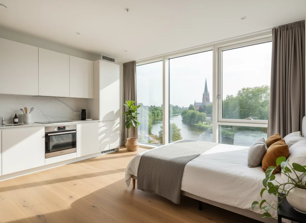 Modern studio apartment with large windows overlooking river and cathedral in Kaliningrad, no text