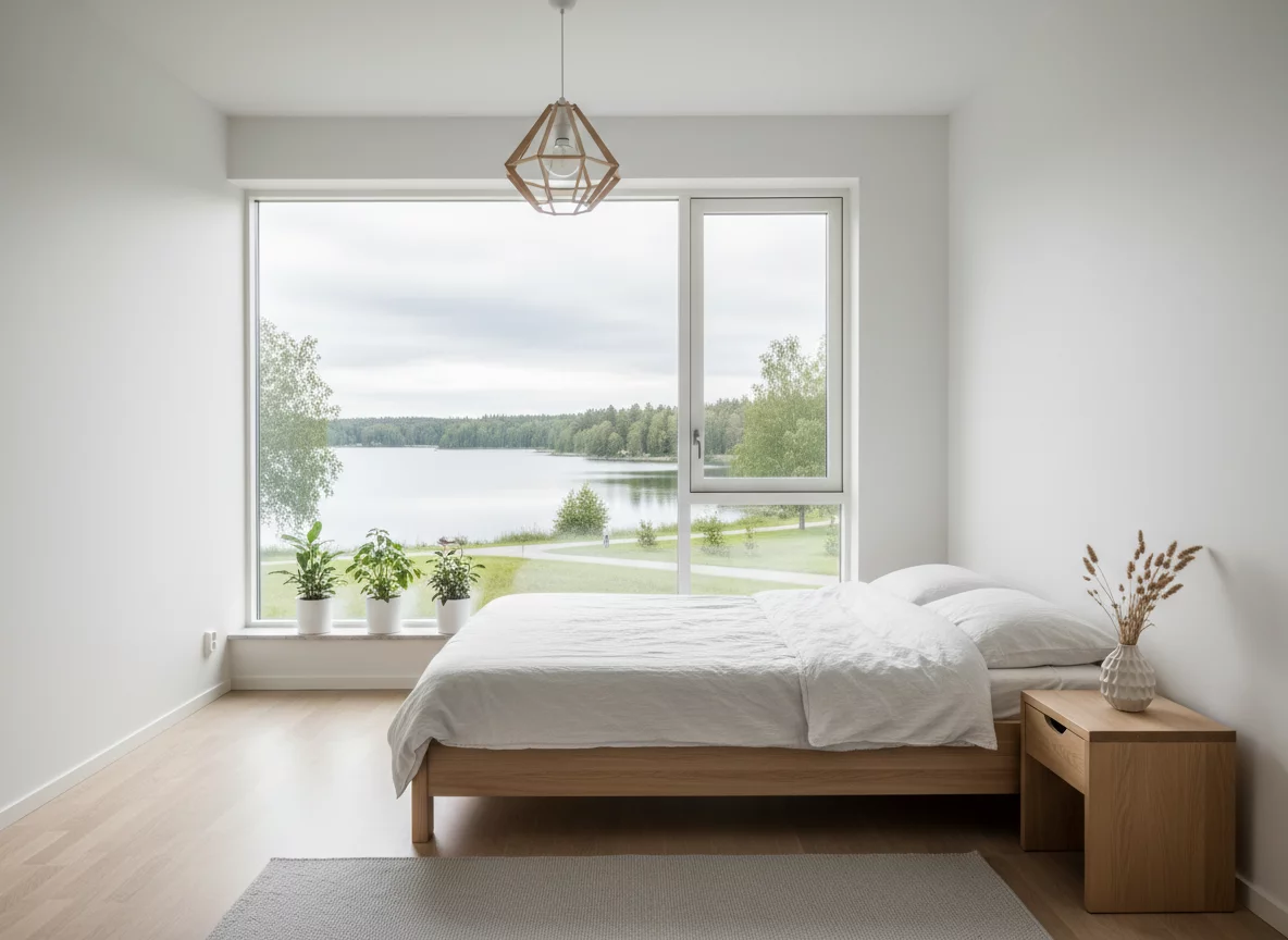 Bright Scandinavian style apartment with lake view through large windows, minimalist interior, no text
