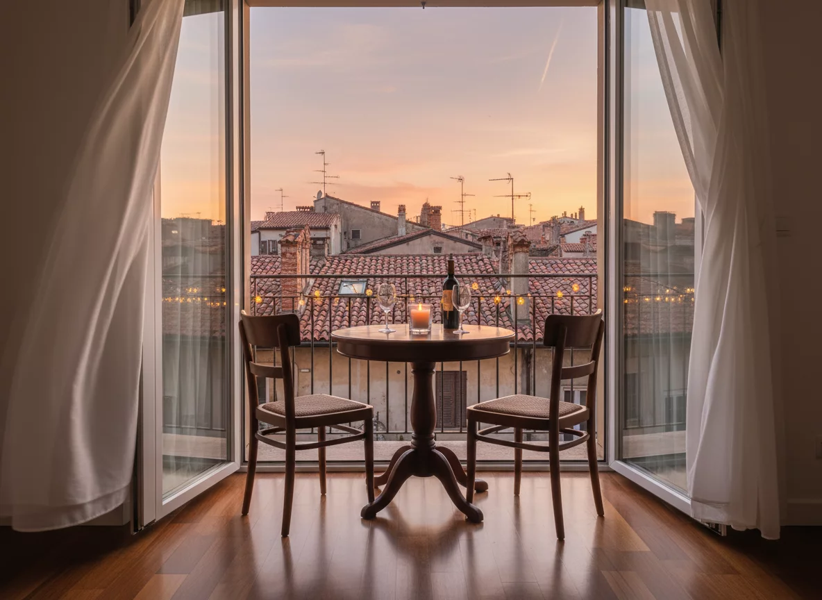 Romantic apartment with balcony overlooking old European town rooftops at sunset, no text