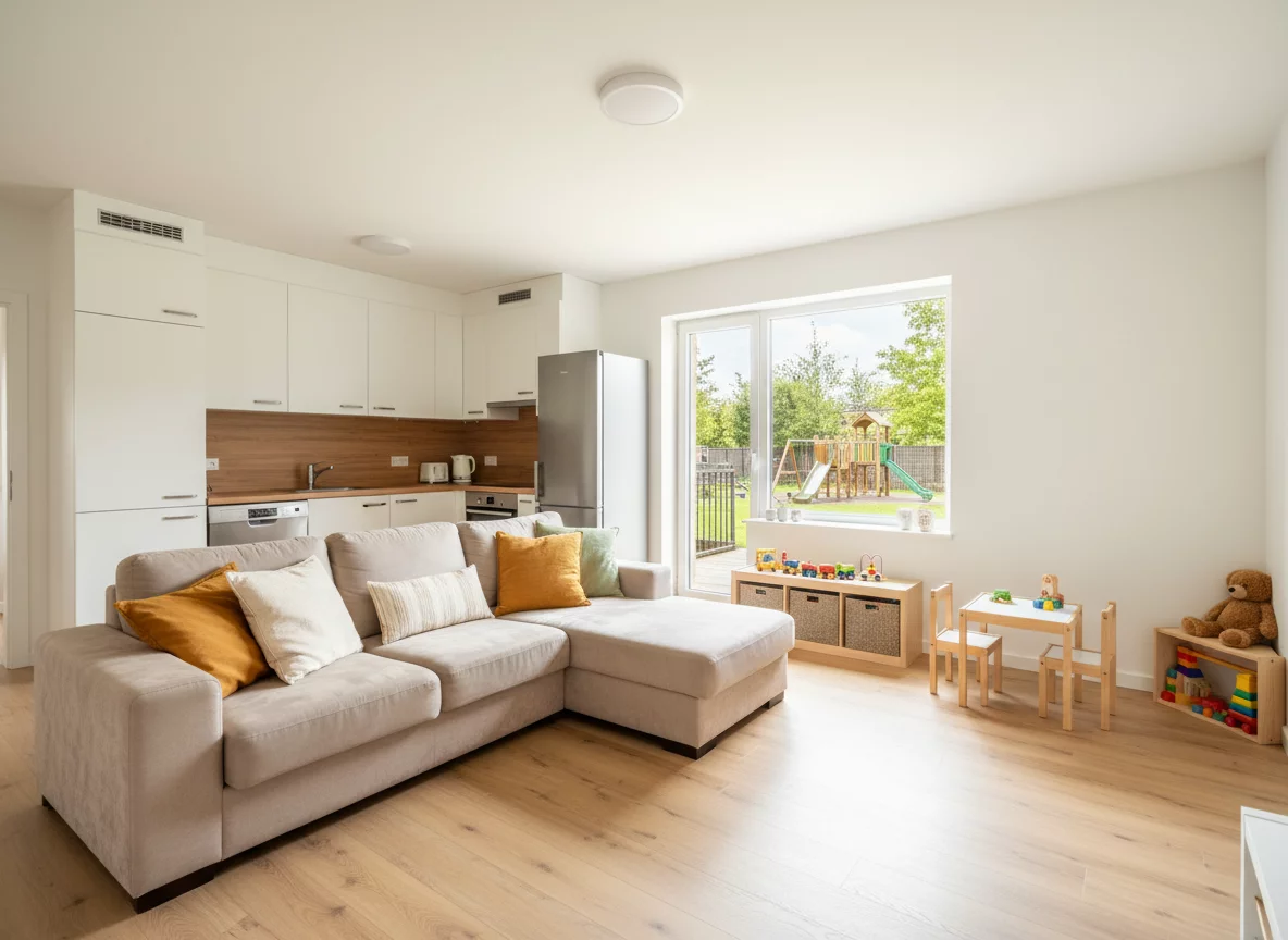 Spacious family apartment with kids play area and modern kitchen in warm tones, no text