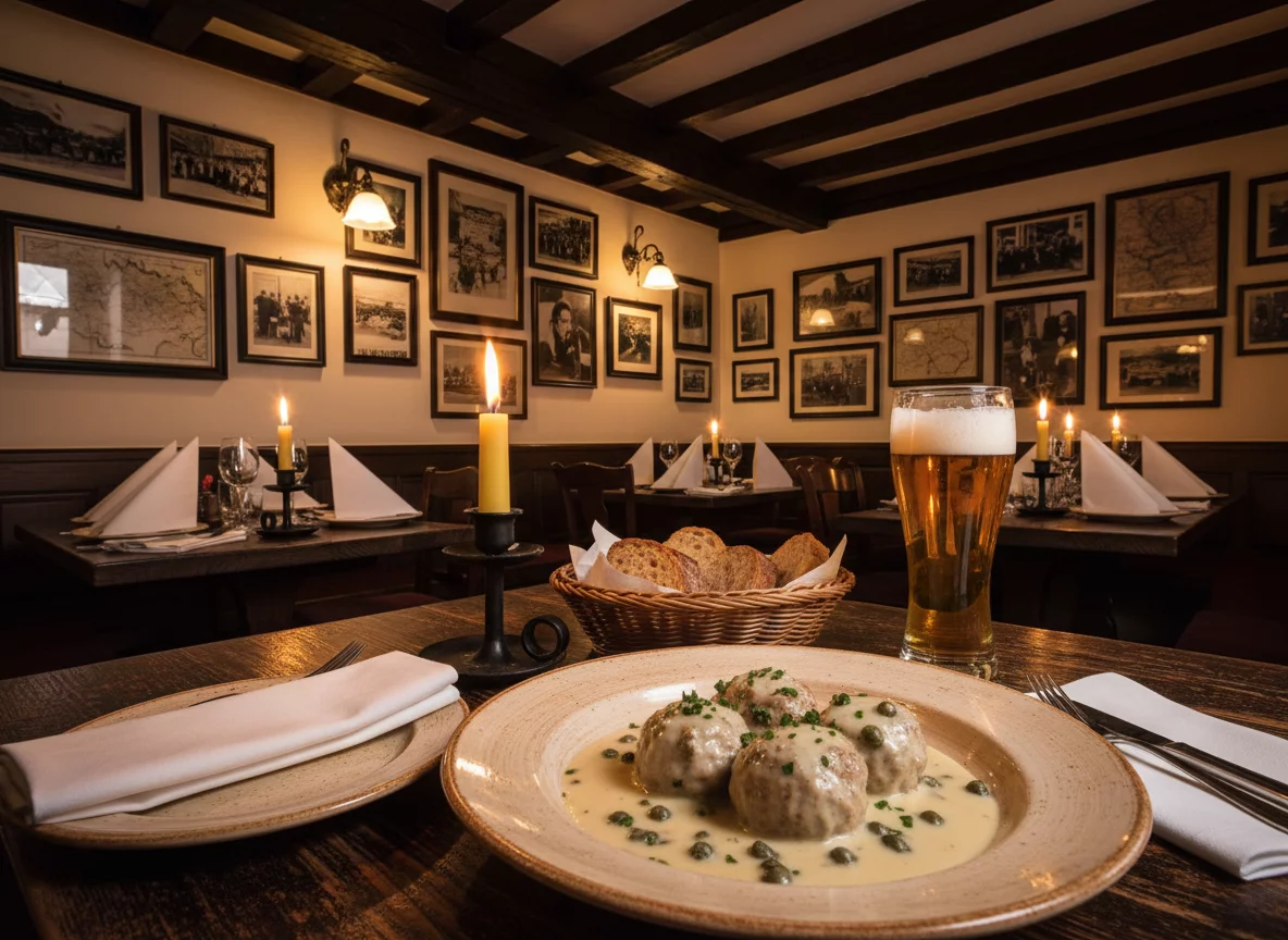 Cozy European restaurant interior with warm candlelight and traditional Prussian decor, no text