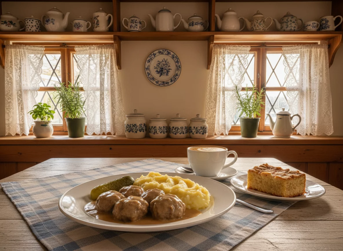 Traditional cozy cafe with wooden tables and homemade food in warm amber lighting, no text