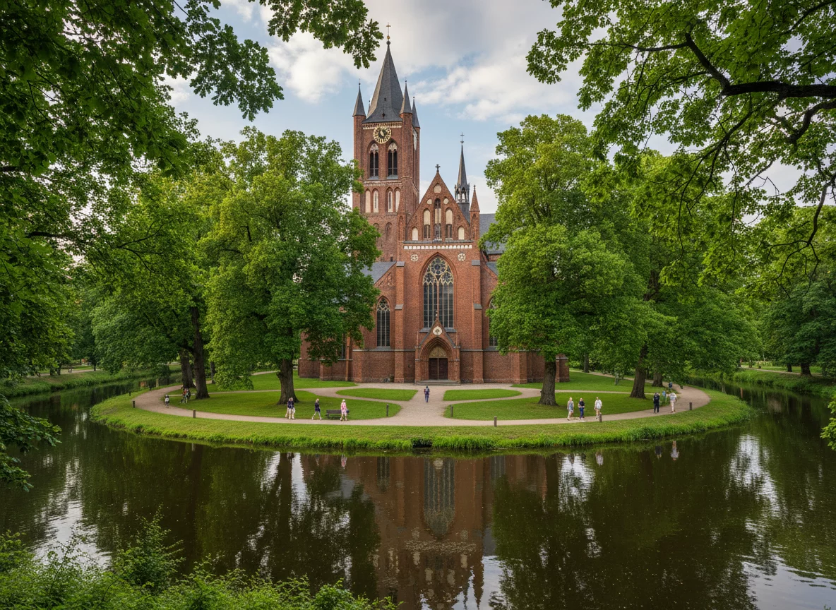 Gothic cathedral on Kant island in Kaliningrad surrounded by green trees and river, no text