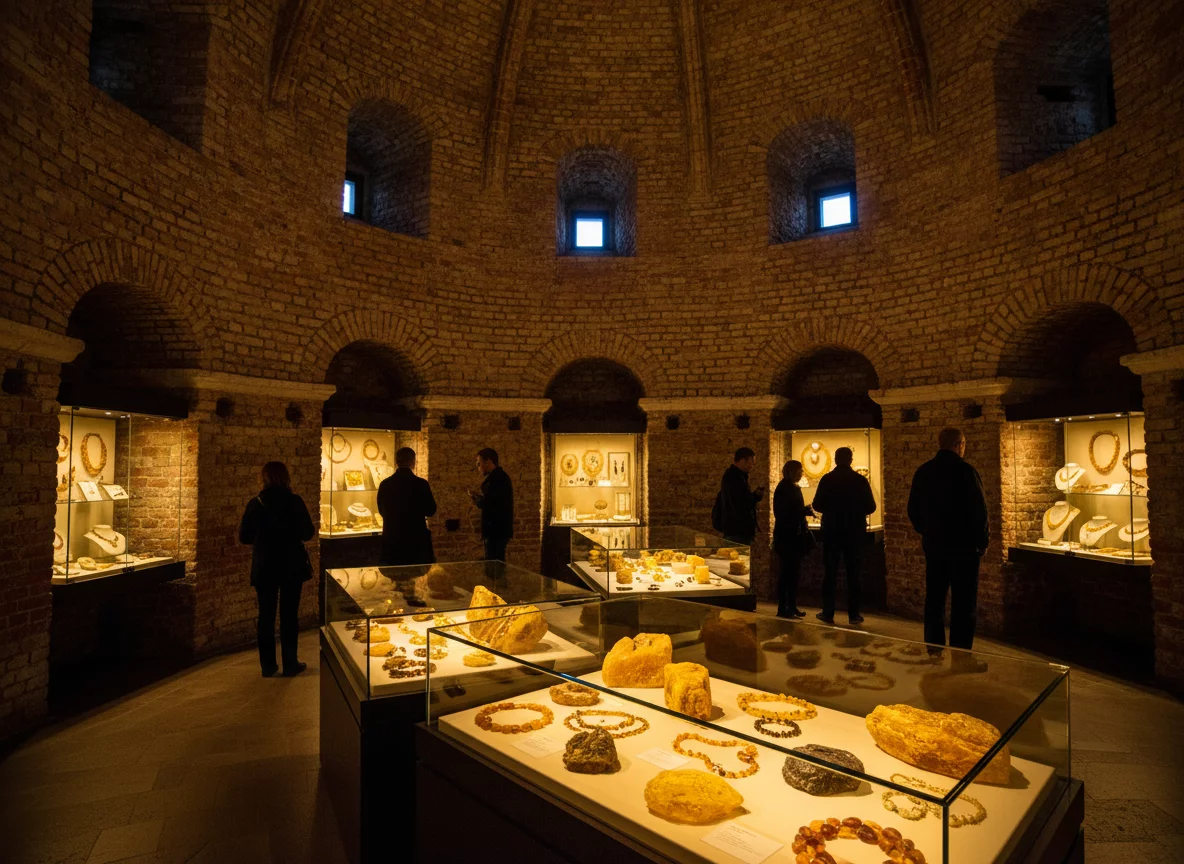 Amber museum inside historic fortification tower in Kaliningrad with warm lighting, no text