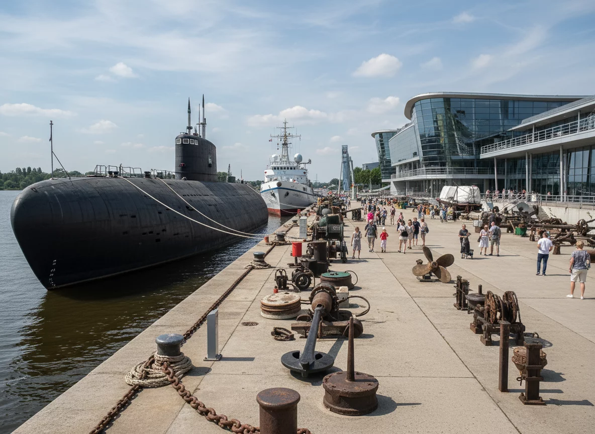 World Ocean Museum with submarine and research vessel docked at pier in Kaliningrad, no text