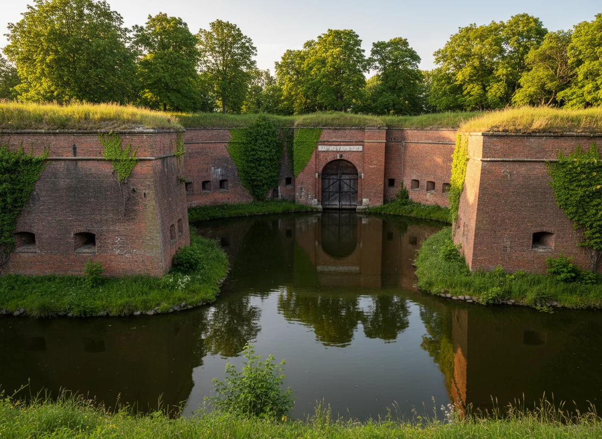 Historic red brick fortress Fort number five surrounded by moat and green vegetation, no text