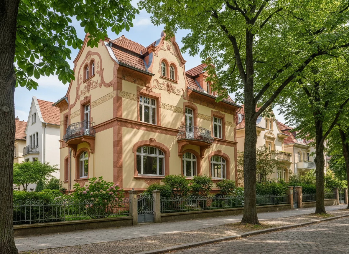 Beautiful Art Nouveau villa with ornate facade on tree-lined street in Amalienau district Kaliningrad, no text