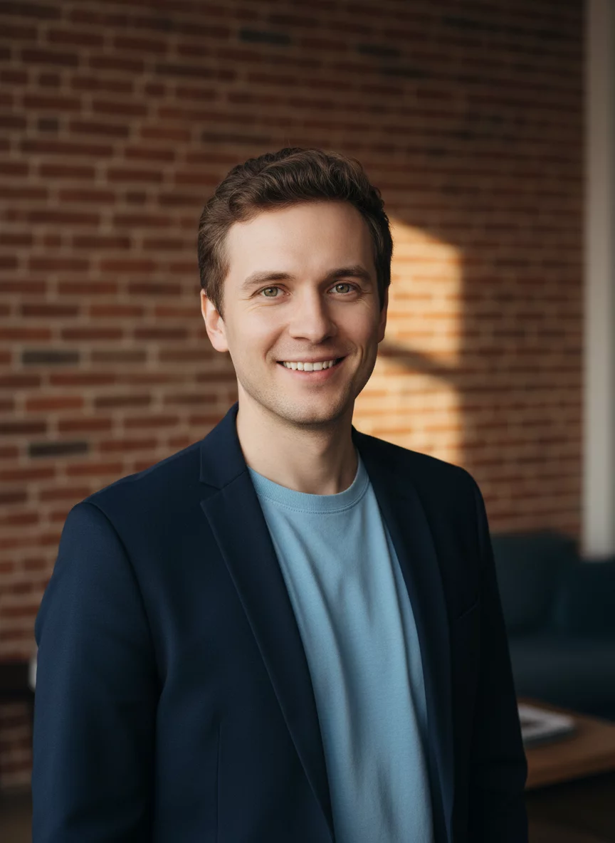 Professional Russian male in his 30s with short brown hair, warm smile, wearing casual blazer
