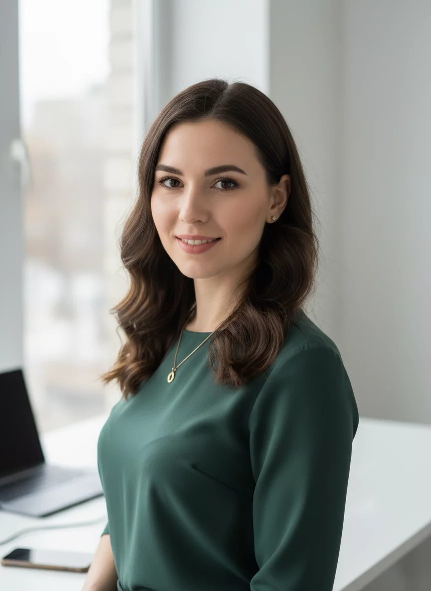 Professional Russian woman in her late 20s with medium-length dark hair, friendly expression, smart casual outfit
