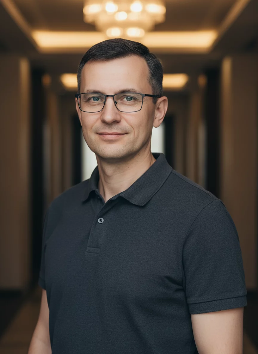 Professional Russian male in his 40s with glasses, neat appearance, wearing polo shirt, confident look