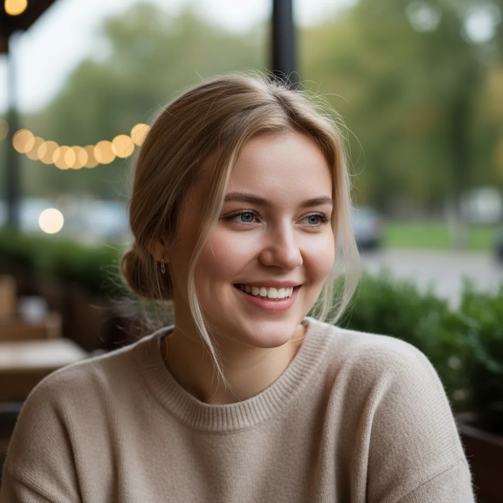 Portrait of young Russian woman with light hair, pleasant smile, casual style