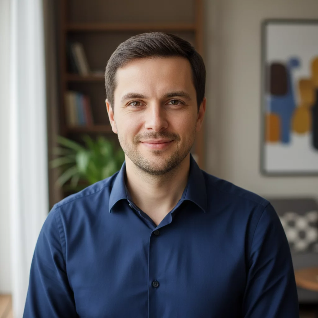 Portrait of middle-aged Russian man with short dark hair, friendly expression, smart casual