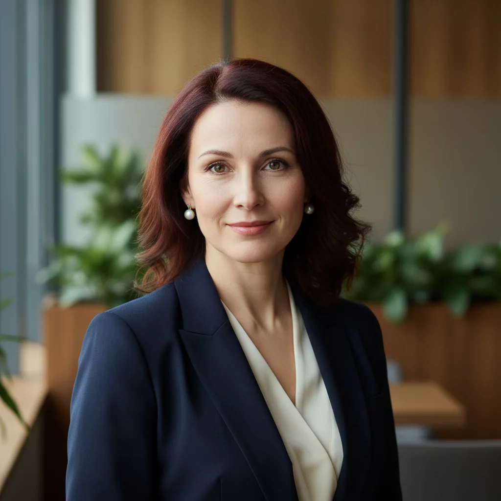 Portrait of Russian woman in her 40s with elegant appearance, professional look, business attire