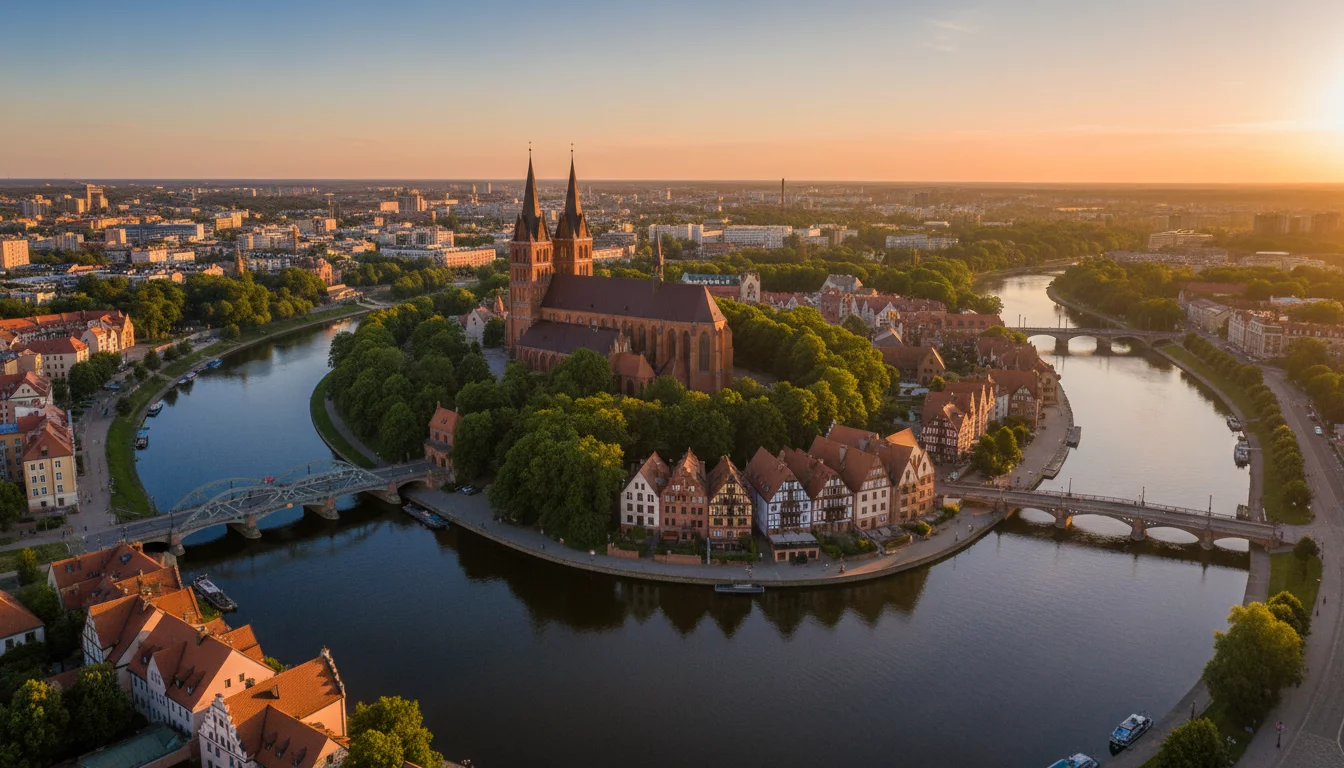 Panoramic view of Kaliningrad old town with cathedral spires and Pregolya river at golden hour, no text